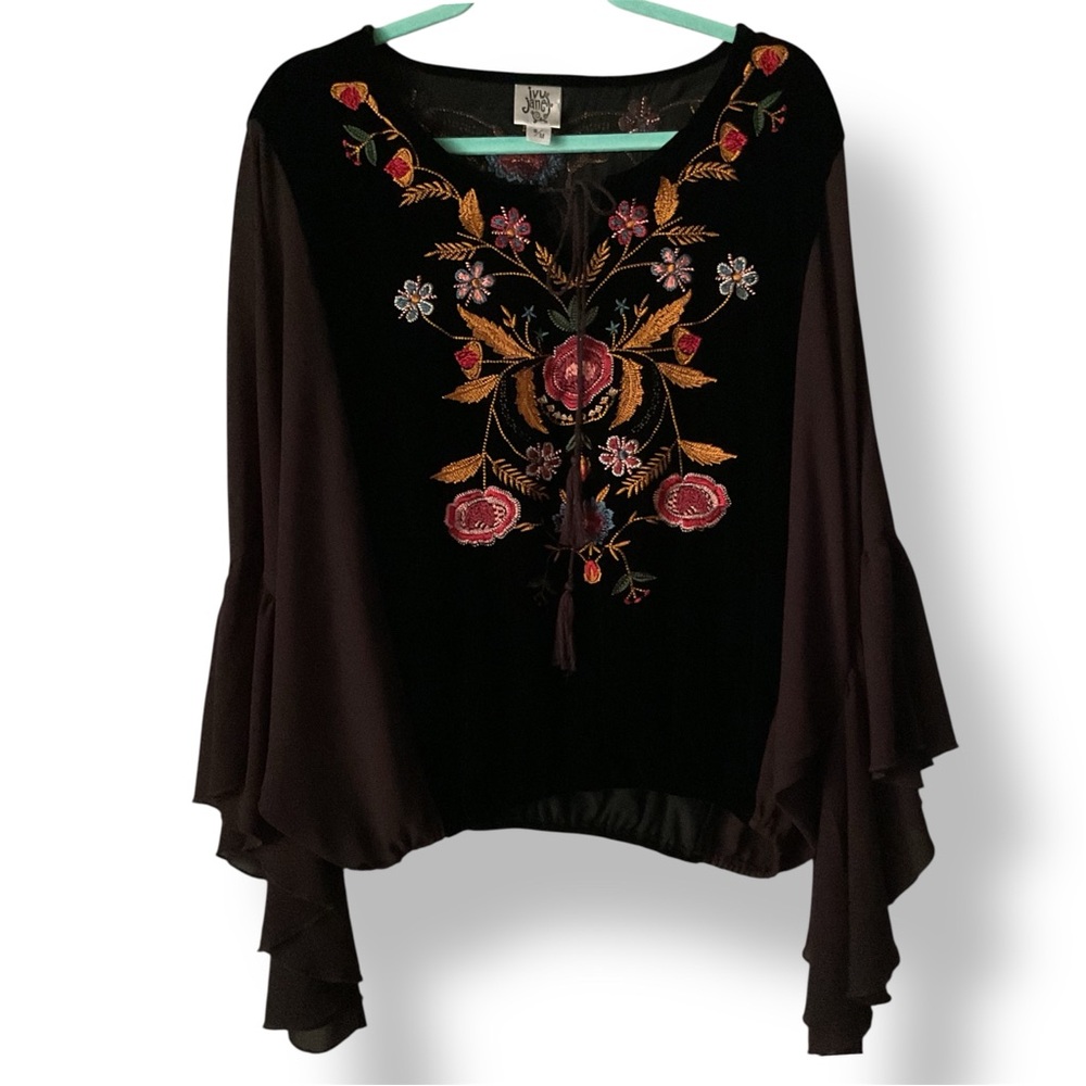 NWT IVY JANE silk blend velvet and sheer bell sleeves embroidered boho gothic